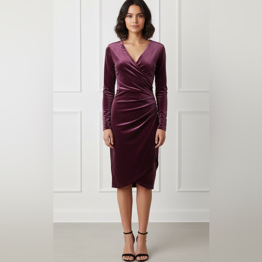 Aritzia Wilfred Free Velvet Long Sleeve Wrap Midi Dress Purple Burgundy XS‎ Slit